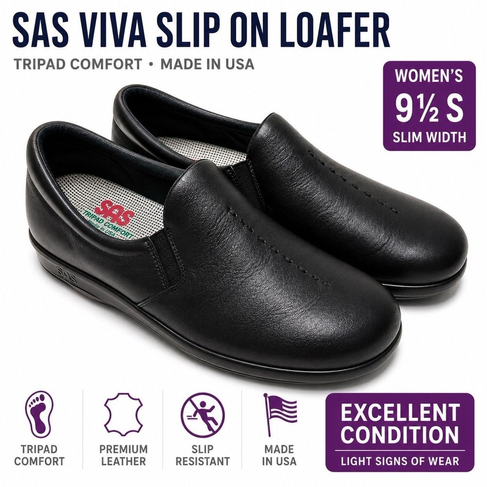 SAS Viva Black Leather Slip On Loafers Women's 9.5 Slim Tripad Comfort